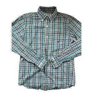 Nautica Sea Voyage Mens Blue & White Plaid Shirt Small